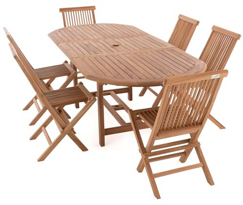 Divero 7 tgl. Sitzgruppe Mallorca – ausziehbarer Esstisch + Klappstühle aus Teakholz, behandelt – Farbe: Braun