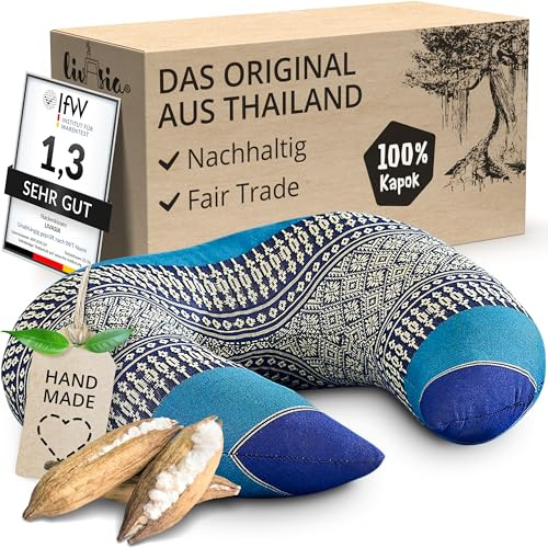 livasia Nackenstützkissen Nackenhörnchen - 24x28x7cm - Nackenkissen U-Form, Sofakissen Muster, Reisekissen mit Kapok, Kissen Massageliege Gesichtsunterlage, handgefertigt (Blau)