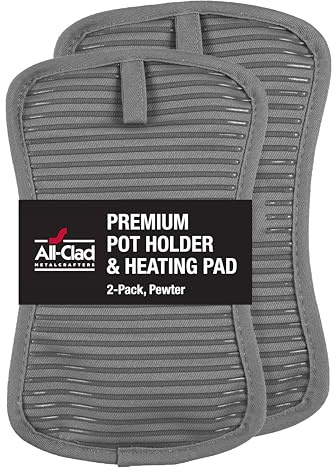 All-Clad Premium Pot Holder & Heating Pad, (2-Pack) Heat Resistant to 500 Degrees, 100% Cotton 10x6.25 for Kitchen and Barbeque, Pewter