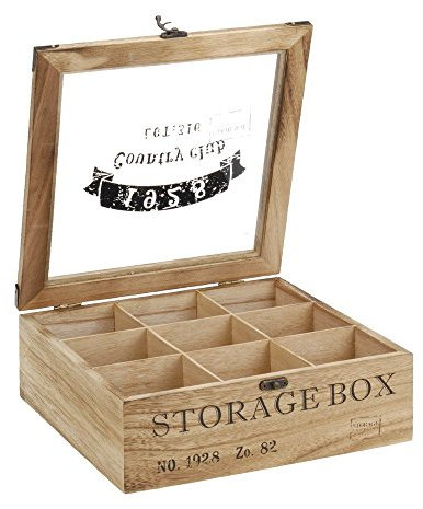 ToCi Scatola da tè in legno naturale con 9 scomparti – Scatola rettangolare con finestra in stile vintage – Contenitore per tè per bustine di tè, spezie e piccole parti | 24 x 24 x 8,5 cm