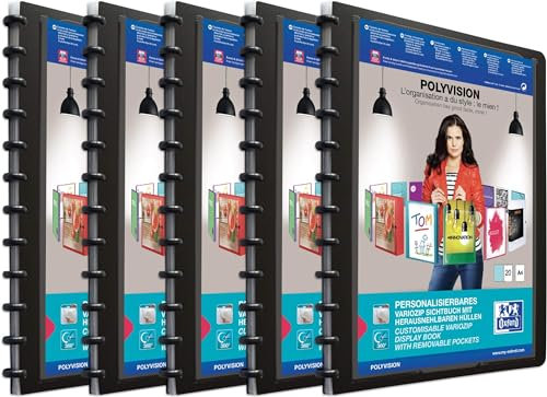 Oxford Ring-Mappe A4, Polyvision, Präsentations-Buch mit 20 Hüllen, Vario-Zipp, Austausch- und erweiterbar, schwarz, 5 Stück