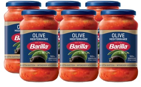 Barilla Olive Pasta Sauce 6x400g – Tomato, Green & Black Olives, Vegan | No Added Preservatives