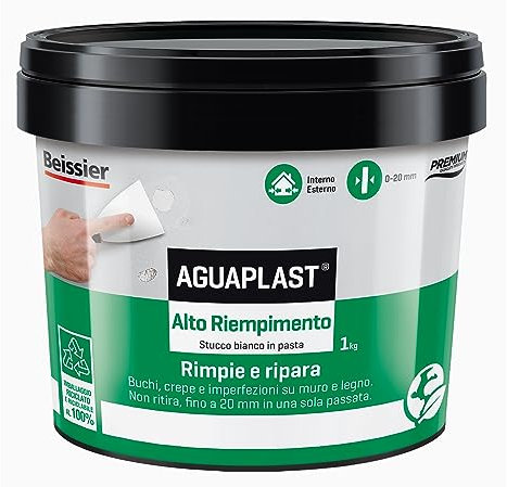 Aguaplast Alto Riempimento, stucco in pasta alti riempimenti su muro e legno, rinforzato con fibre, riempie fino a 2cm senza ritiri - 1kg
