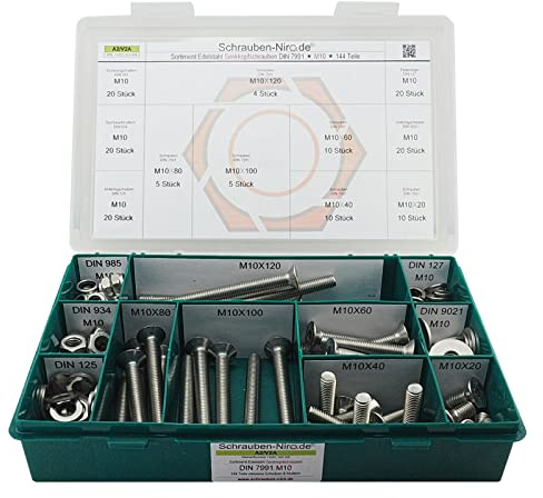Set Senkkopfschrauben DIN 7991 M10 Edelstahl A2 ISO 10642 Muttern Scheiben | Sortiment M10 Senkschrauben Innensechskant Schrauben, Unterlegscheiben DIN 125, 127, 9021 Muttern DIN 934, 985 - 144 Teile