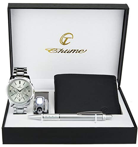 Coffret Cadeau pour Homme - Portefeuille - Outil Multifonction LED - Stylo à Bille, argenté