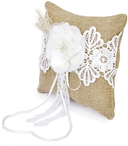 Générique Coussin Oreiller Porteur de Bague Alliance en Jute Vintage Orné de Dentelle et Fleur 20cmx20cm