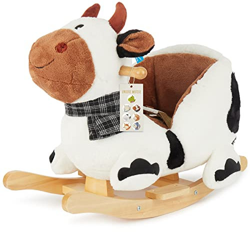 Bieco Plüsch Schaukeltier Kuh 'Bauernhof'| Kinder Schaukelstuhl | Sicherheitsgurt | Baby Schaukel | Schaukel Kleinkind | Schaukeltier Baby Zimmer | Baby Schaukelwippe ab 9 Monate | Schaukelpferd Holz