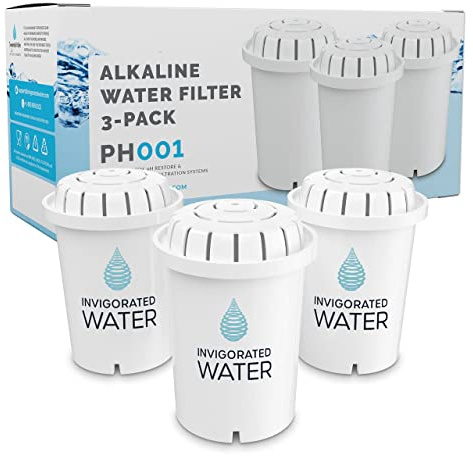 Invigorated Water PH001 - White Alkaline Water Filter – Replacement Filters for all Pitcher & Dispenser Filtration Systems – BPA-Free, Removes Chlorine, Heavy Metals – 96 Gallons/Filter (3-Pack)