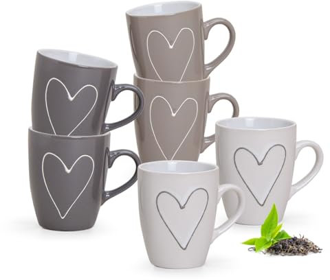 Juego de 6 tazas de café con forma de corazón, color blanco, beige, gris, juego de tazas en 250 ml para café, capuchino o taza de té – Bonito mango de cerámica apto para lavavajillas y microondas como