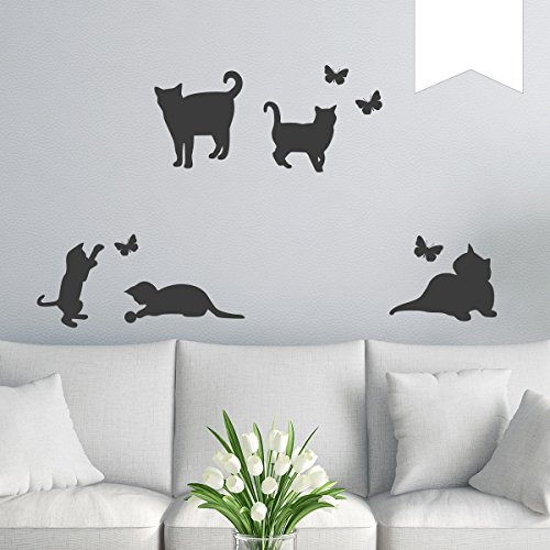 WANDKINGS Wandtattoo 5 Katzen und 4 Schmetterlinge im Set 32 x 40 cm weiß - erhältlich in 33 Farben