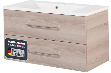 FACKELMANN Waschtischunterschrank inkl. Gussbecken B.CLEVER/Soft-Close-System/Maße (B x H x T): ca. 90 x 48,5 x 46 cm/Möbel fürs WC oder Badezimmer/Schrank: Braun hell/Becken: Weiß
