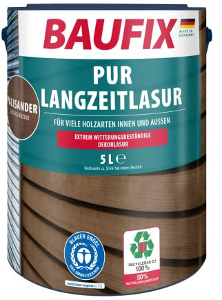 BAUFIX Lasure PU Longue durée palissandre, satinée mate, 5 litres, Lasure pour bois, Pour intérieur et extérieur, particulièrement robuste, pour toutes les essences de bois, résistante aux intempéries