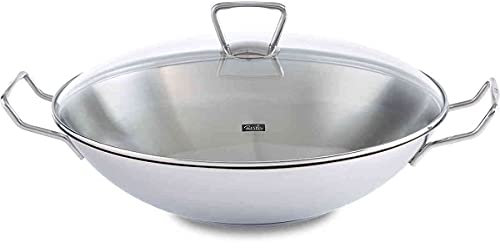 Fissler Kunming/Edelstahl-Wok (Ø 36 cm) große Wok-Pfanne unbeschichtet,Asiapfanne mit Glas-Deckel, inkl. Gittereinsatz, alle Herdarten - auch Induktion