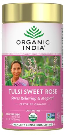 ORGANIC INDIA Tulsi Sweet Rose Herbal Tea, Holy Basil Leaf, 3.5 oz Canister