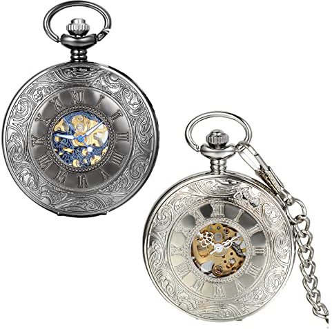 JewelryWe 2pcs Retro Römische Ziffern Handaufzug mechanische Taschenuhr Skelett Uhr mit Halskette Kette Umhängeuhr Schwarz Silber