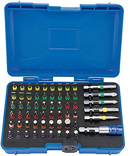 Draper 60 Piece Coloured Screwdriver Bit Tool Set with Magnetic Holder - 82405 - Flat, Cross, PZ Type, TX-Star & Hex Bits