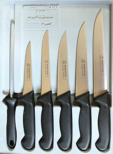 Marsvogel Schlachtermesser Set 6 TLG. GSK Solingen Metzgermesser Set bestehend aus: Stechmesser 6 7 8 Ausbeiner/Polker 5 6 inkl. Wetzstahl (Schwarz)