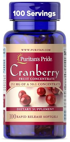 Puritan's Pride Premium Cranberry Fruit Concentrate 252mg (12,600mg Equivalent) with Vitamins C and E, Dietary Supplement for Immune System Support, 100 Rapid Release Softgels
