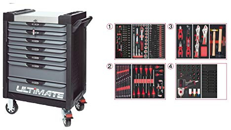 KS Tools - 816.7263 - Servante d'atelier complète ULTIMATE 7 tiroirs equipée de 263 outils - caisse à outils complète - Couleur noir et grise - plateau inox - porte flacons