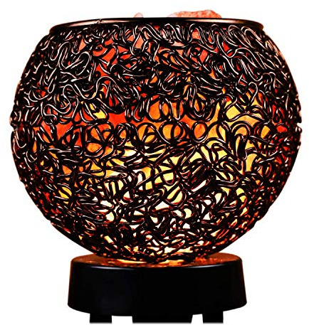 Plemo Natural Himalayan Salt Lamp with Genuine Wood Base in Classic Round Metal Basket with Dimmable Cord and Luxury Gift Box