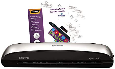 Fellowes Spectra A3 Laminator Machine for Home Office Use - Fast 4 Minute Warm Up Time with Auto Shut Off & Sleep Mode Feature – 80-125 Micron, 10 A4 Laminating Pouch Starter Pack Included, Black/Grey