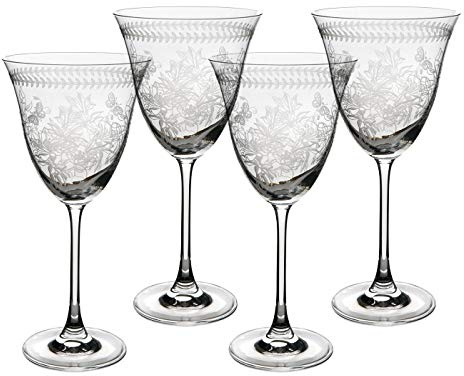 Portmeirion Botanic Garden Etched Crystal Glass Set of 4 Wine Glasses