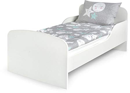 leomark Cama Infantil Completa de Madera - Blanco- Marco de Cama, Colchón, Somier, Blanco Muebles para Niños, Moderno Dormitorio, Impresa Mobiliario, Espacio para Dormir: 140/70 cm