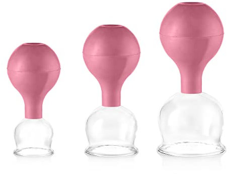 Pulox Schröpfgläser Set aus Echtglas mit Saugball - 3x Medizinisches Schröpfglas in Pink - 40mm, 52mm, 62mm