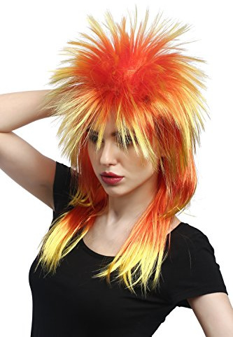 WIG ME UP - DH1069-PC2BTPC13 Perücke Fasching Karneval Punk Vokuhila Rocker wild 80ies Wave toupiert lang bunt rot gelb