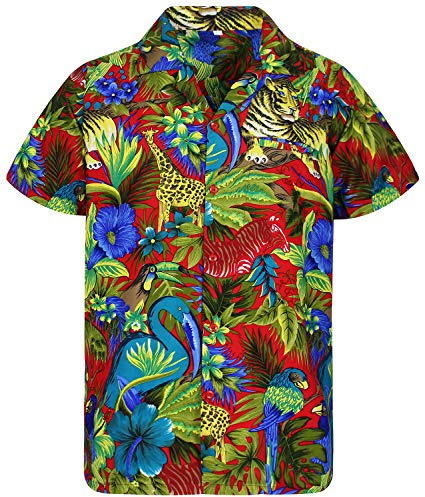 V.H.O. Funky Hawaii-skjorta | Män | Kortärmad | Framficka | Hawaii-tryck | djungel djur blommor, 4XL
