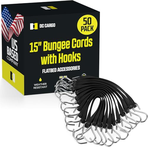 Pack of 50 Tarp Straps for Flatbed Trailers, 15 Long Natural Rubber Bungee Cord Tie-Downs Ideal for Securing Tarps, Canvases, Cargo in Cold Climates | Tie-Downs w/Metal S-Hooks