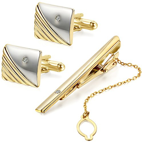 JewelryWe Aleación Alfiler de Corbata Pasador de Corbata & Gemelos Set Oro Plata Rayas Rayas Camisa Business Boda Wedding Polished Hombre