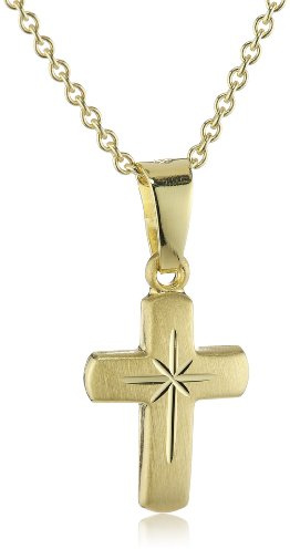 Xaana Kinder und Jugendliche-Anhänger Kreuz 12 mm matt diamantiert 8 Karat (333) Gelbgold + 925 Silberkette vergoldet AMZ0209