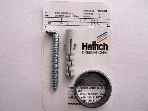 Hettich Schrankaufhänger zum Einlassen, mit Haken und Dübel, Ø 30 mm, Artikelnr. 668 | Ø 30 x 12 mm Spritzguss mit Haken und Dübel, Zinkdruckguss, Hersteller Hettich, Artikelnr. 668