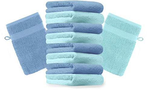 Betz 10 Stück Waschhandschuhe Premium 100% Baumwolle Waschlappen Set 16x21 cm Farbe türkis und hellblau