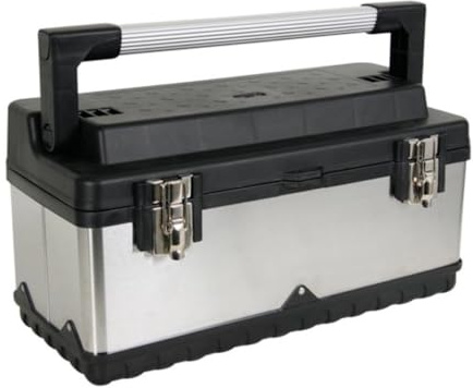 Perel Edelstahl Werkzeugkiste mit herausnehmbarer Einsatzschale, Metall Werkzeugkoffer mit Aluminiumgriff und Metallverschlüssen, Werkzeugbox für Werkstatt und Garage, 50,5x23,5x22,5cm, 26,7L