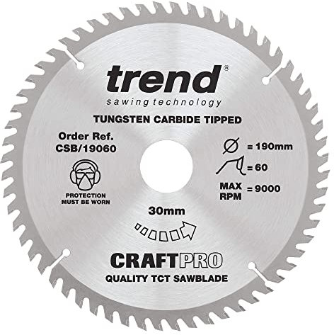 Trend Lama per sega circolare CraftPro TCT per finiture fini, 190 mm x 60 denti x 30 mm di foro, con punta in carburo di tungsteno, CSB/19060