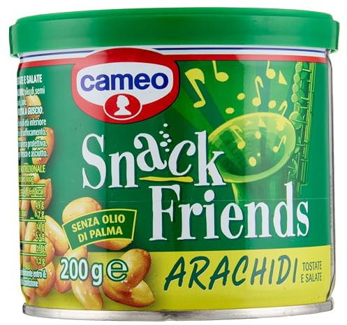 Cameo Snack Friends Arachidi 200 g, Arachidi Tostate e Salate per Aperitivo Conservate in una Pratica Lattina con Coperchio Salva Freschezza, Senza Olio di Palma, Vegano, 200 g Complessivi