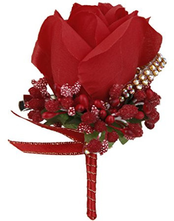 Ansteckblume für Hochzeit, Braut, Herren, Bräutigam, Kristall, Rosen, Seidenblume, 6 Farben – Rot