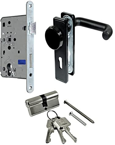 SN-TEC Stahltür/FH Tür Komplett Set Beschlag (einseitig Knauf) + FH Schloss (DIN Rechts) + Profilzylinder