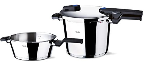 Fissler Vitaquick/Induktions-Schnellkochtopf-Set, 2-teilig, (6 L und 2,5 L - Ø 22 cm) Edelstahl-Dampfkochtopf und Schnell-Bratpfanne, 2 Garstufen, stapelbar, alle Herdarten auch Induktion
