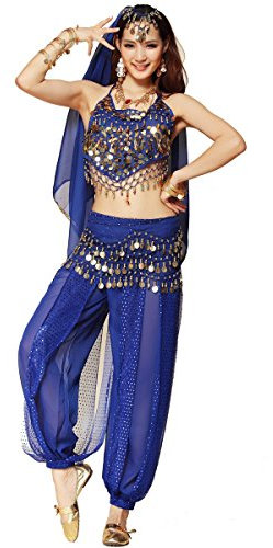 Bauchtanz-Kostüm für Damen von Best Dance, bestehend aus Oberteil mit Perlen und Glöckchen, Haremshose und einem Hüfttuch.