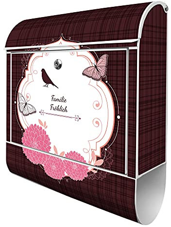 banjado Design Briefkasten mit Zeitungsfach 38,5 x 46,5 x 13cm / Postkasten mit Zeitungsrolle/Stahl Briefkasten bunt/Wandbriefkasten A4 Einwurf, Montagematerial, WT Ornament Mit Dahlien