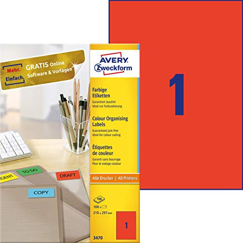 AVERY Zweckform 3470 Rote Etiketten (100 Aufkleber, 210x297mm auf A4, permanent haftend, selbstklebende Farbetiketten, Papier matt, bedruckbare, farbige Klebeetiketten) 100 Blatt