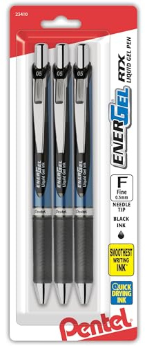 Pentel EnerGel RTX Retractable Liquid Gel Pen, (0.5mm), Fine Line, Needle Tip, Black Ink, Pack of 3 (BLN75BP3A)