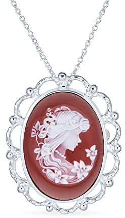 Bling Jewelry Große Klassische Antike Vintage Stil Terrakotta Rot Weiß Geschnitzt Oval Gerahmte Viktorianische Dame Porträt Cameo Anhänger & Brosche Halskette Für Frauen .925 Sterling Silber