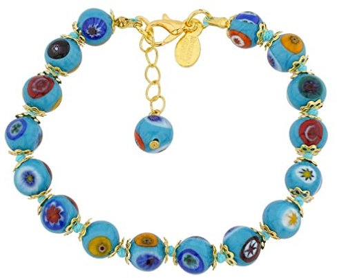 Glass Of Venice Murano-Glas-Armband, italienische Aquablaue Millefiori-Perlen, handgefertigtes mundgeblasenes Glas – Murano-Glas-Armbänder für Damen