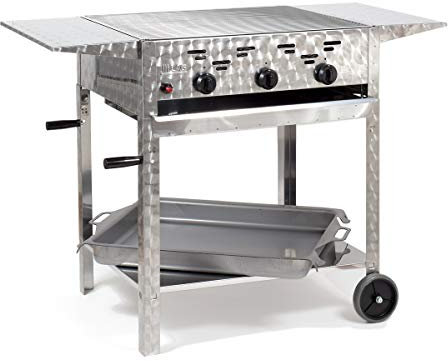 Gasgrill-Kombibräter 11kW 3-flammiger Edelstahl-Brenner fahrbar mit Grillrost, Stahlpfanne und Abstellplatten Gastrobräter Profigrill Verein