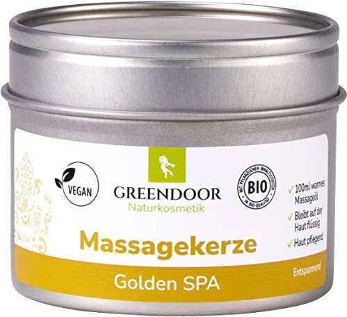 GREENDOOR Natur Massagekerze Golden SPA 100 ml, BIO Sojawachs + Bio Babassu entspannende ätherische Öle, vegan, rußt nicht, natürlich ohne Tierversuche, Geschenke Massage-öl Naturkosmetik