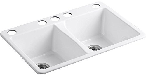 KOHLER 5873-5U-0 Deerfield 33 Undermount Kitchen Sink, Deep Double Bowl, 5-Hole, Easy Installation, White